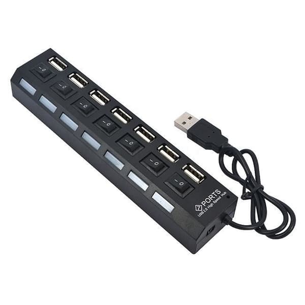 USB 2.0 HUB - SIMPLISIM - 7 portar - PÅ/AV-knapp - Kompatibel med Windows, Mac, Linux - Svart