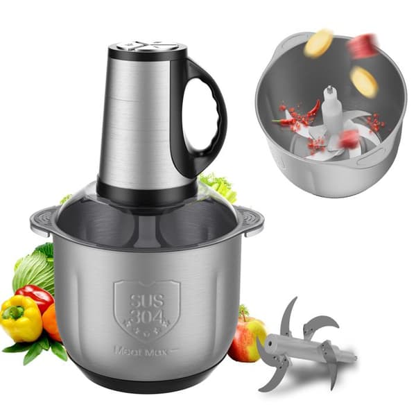 Elektrisk matkutter, 300W, 4L rustfri stålskål, 5 rustfrie stålblader, blender, kjøttkvern, grønnsakskutter, 3 hastigheter, svart