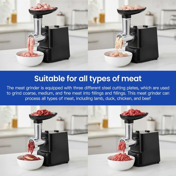 Elektrisk köttkvarn - Professionell grönsakshackare - 700W - 4 blad & korvsats - Backfunktion - Köttkvarn