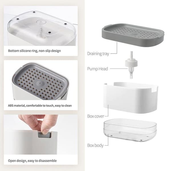 Oppvaskmiddeldispenser med pumpe og svampholder, 300 ml (10 oz) kjøkkenoppvaskmiddeldispenser, svart