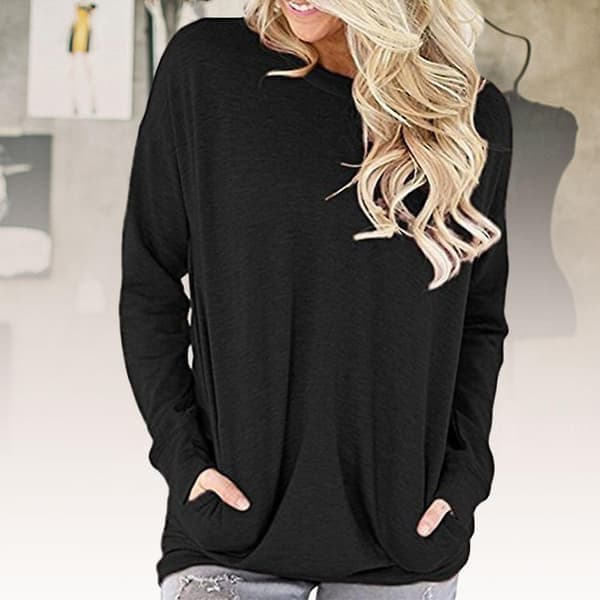 Rundhals Langærmet Letvægts Tynd Hudvenlig Pullover Top til Pendling Sort Black L