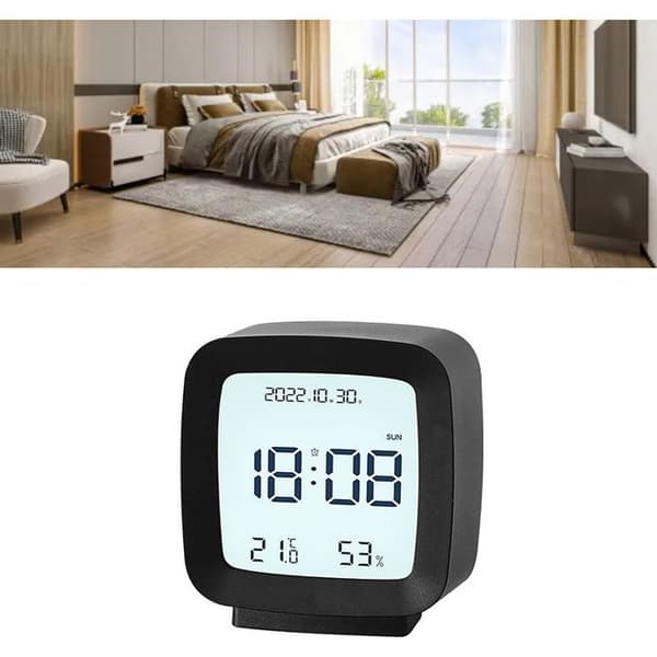 Digital väckarklocka – Temperatur-/luftfuktighetsdisplay – För sovrum, kontor – Svart