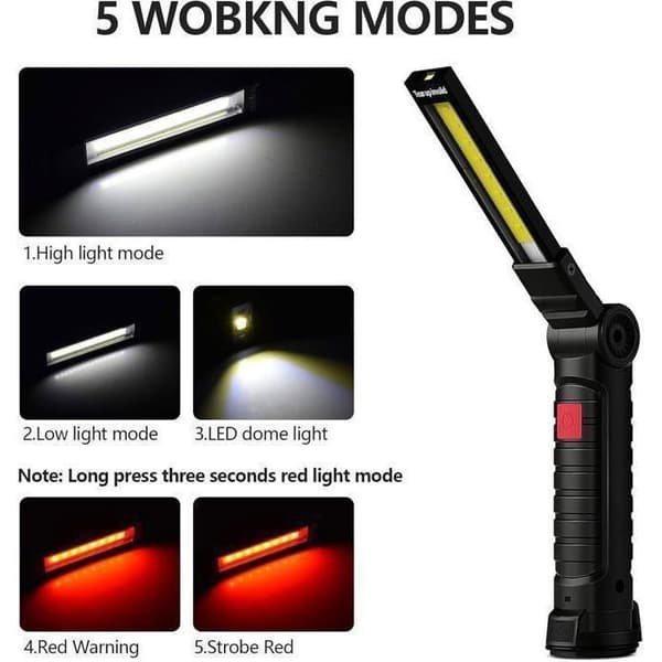 2 STK Arbeidslys, Oppladbart COB Ultrasterkt LED Arbeidslys med Magnetisk Base, 5 Moduser, for Garasje, Camping