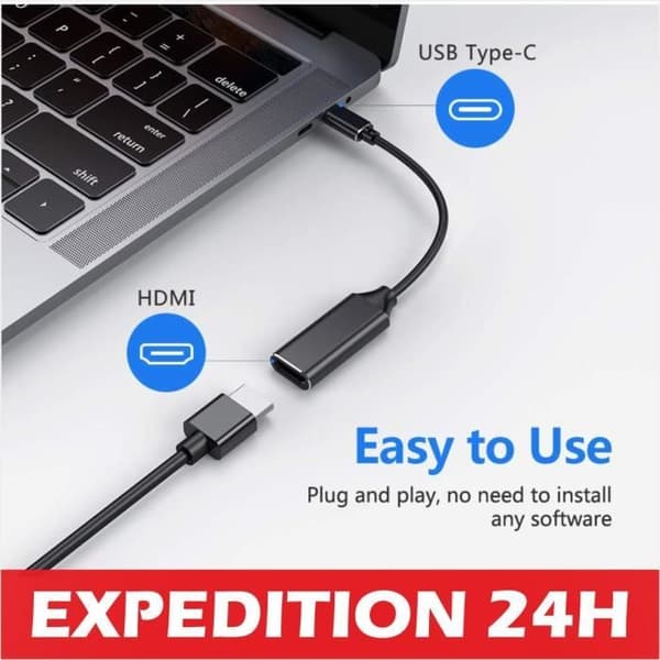USB-C til HDMI-adapter - Cuszwee - 4K - Thunderbolt 3-kompatibel - For MacBook - Hvit ledning