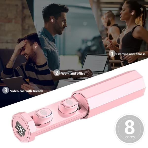 Trådløse ørepropper - Bluetooth - 9D HiFi - IPX5 Vanntett - Sport - Rosa