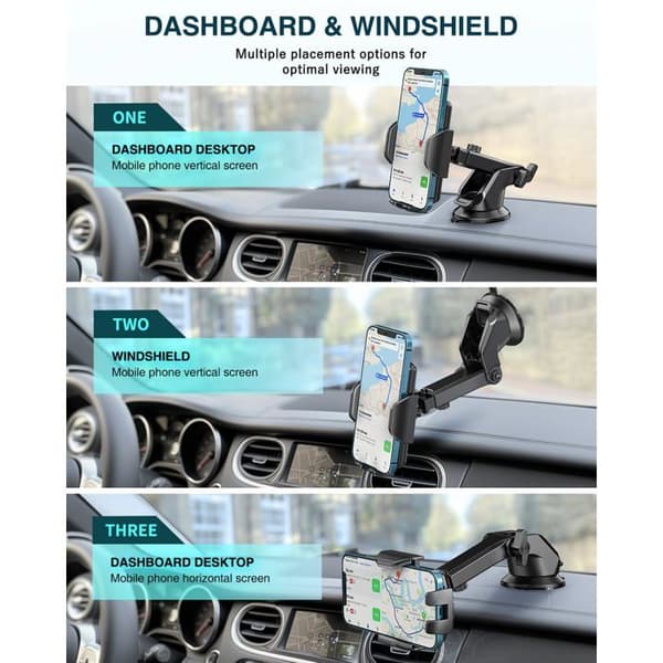 Biltelefonholder, dashbord- og frontrutefeste, 360-graders rotasjon