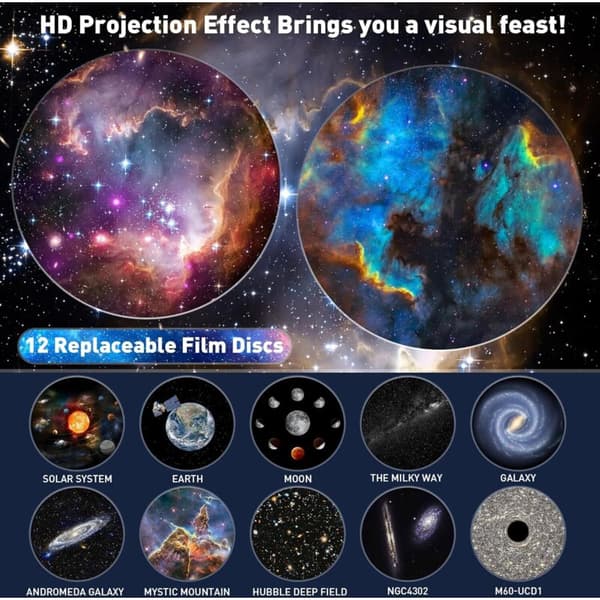 Planetarium Stjerneprojektor – 12 HD-filmdisker – Projeksjon opptil 5 meter – Automatisk 1/2/4t Timer