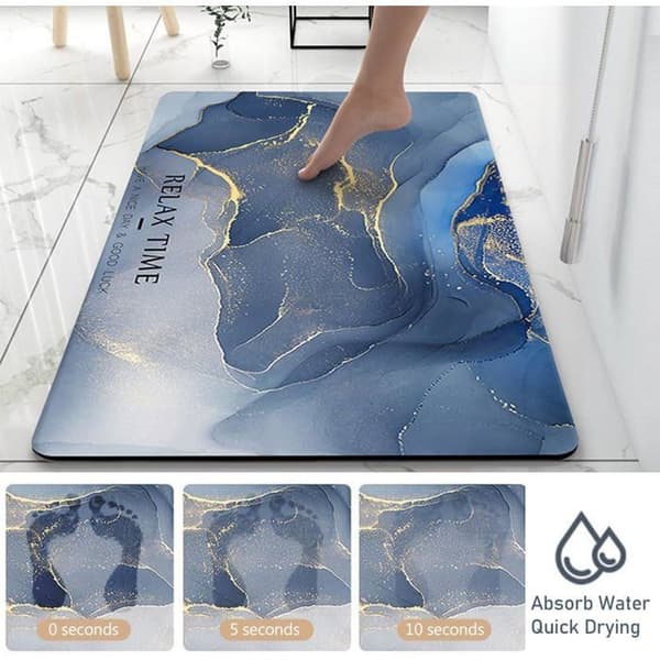 Mønstret bademåtte 80 x 120 cm i diatomit, absorberende, hurtigtørrende – Blå og hvid