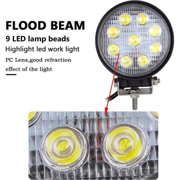2 stk 4 tommer 27W rund flom arbeidslys LED lysbjelke, bredstråle arbeidslys for terrengbil SUV og 4x4 tåkelys