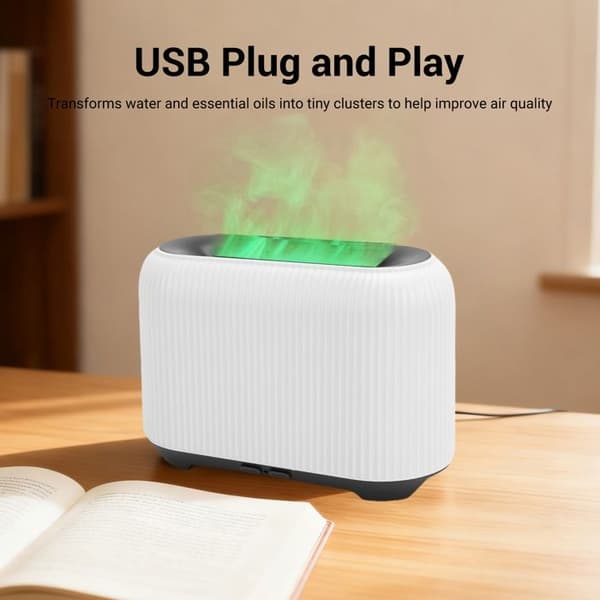 3D Flamme Eterisk Olje Diffuser 150ml – Flerfarget LED – Mini USB Luftfukter Hvit