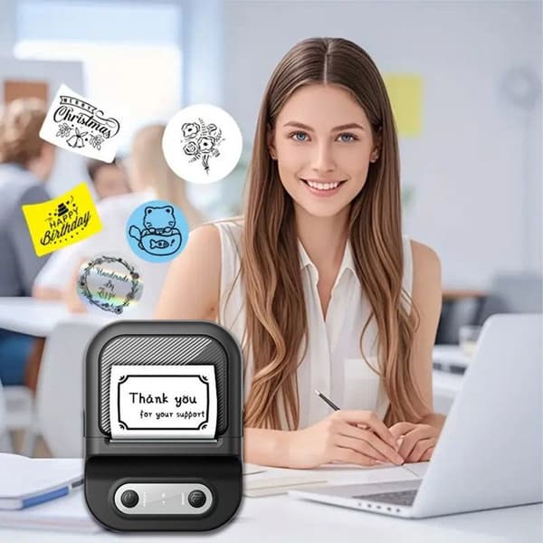 Mini lomme termoprinter – blækfri, Bluetooth – studerende, fotolabels – sort