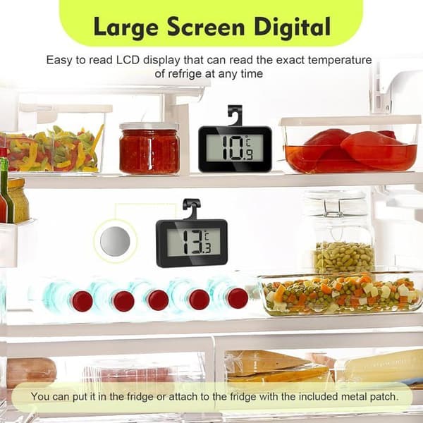 Kylskåpstermometer, 2-pack Mini LCD Digital Termometer med Krok, Svart