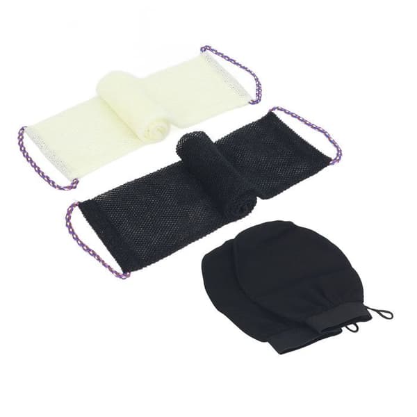 Eksfolierende handsker og net – blød nylon – til bad og sart hud – sort/beige