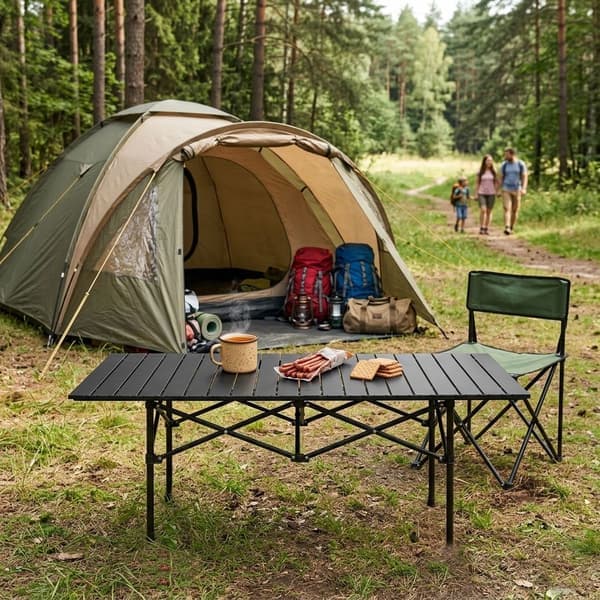 Fällbart campingbord 120x55 cm, svart, med väska
