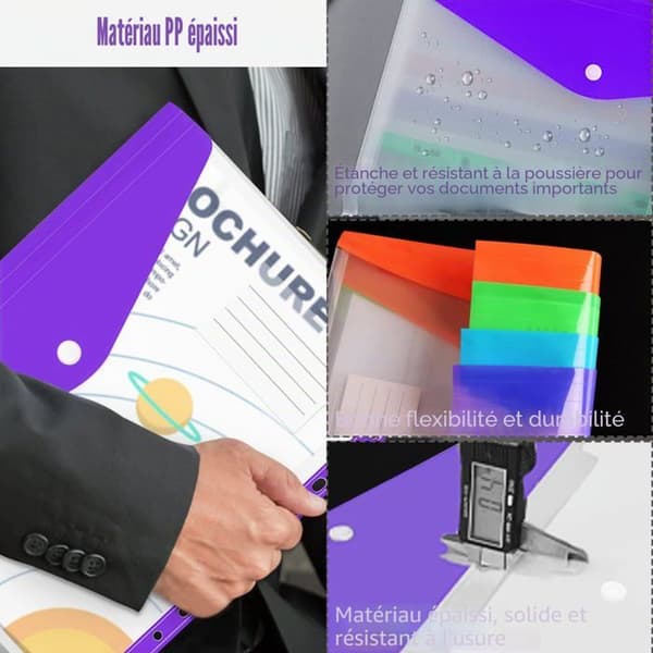 A4 plastiklommer med klap (assorterede farver), kompatible med ringbind — Pakke med 12