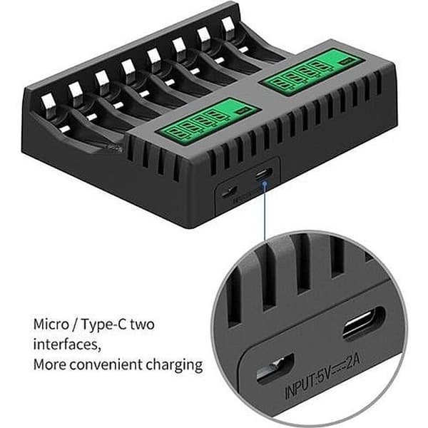8-spors smart batterilader med LCD-skjerm for AA/AAA NiCd NiMh oppladbare batterier, AA AAA batterilader