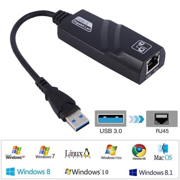 Ethernet LAN-adapter RJ45 Gigabit USB 3.0 10/100/1000 Mbps til PC sort