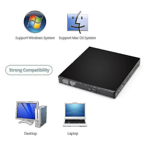 Eksternt CD/DVD-drev, USB 2.0 Slim Protable Eksternt CD-RW-drev DVD-RW-brænderdrev til bærbar pc-stationær computer, sort