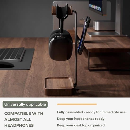 Valnød Hovedtelefonstativ - Gaming Headset Holder m/Opbevaringsbase - Universal Skrivebord
