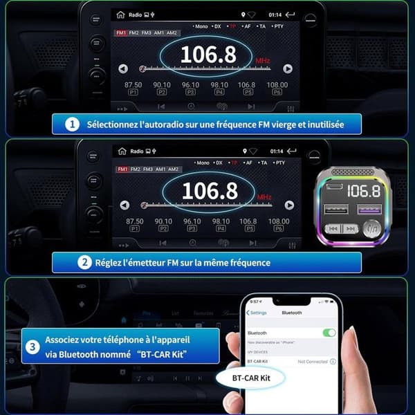Bluetooth FM-sender for bil - Bluetooth 5.3 - 30W PD hurtiglading og QC 3.0 - Håndfrisett