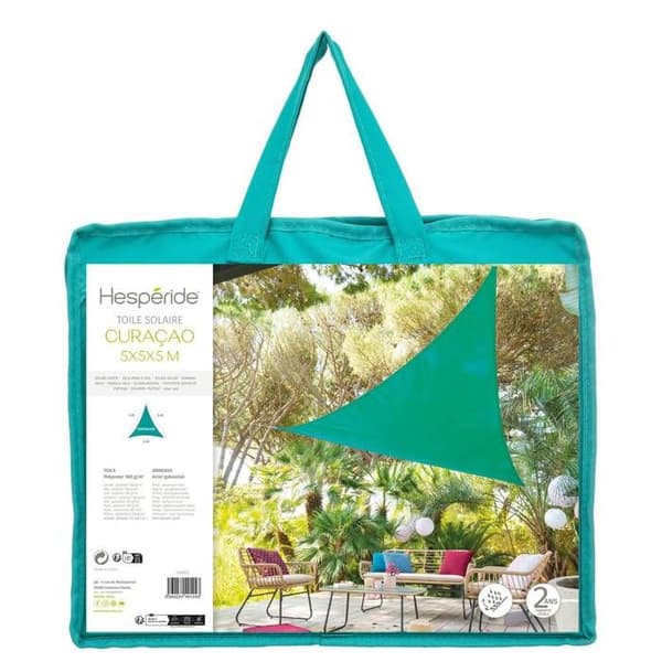 Triangulär \"Curacao\" smaragdgrön solsegel, 5x5x5m, polyester - Hespéride