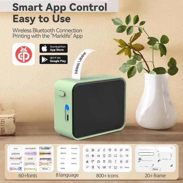 Bluetooth Etiketmaskine, P15 Mini Selvklæbende Etiketprinter, APP-forbindelse, Kompatibel med iOS og Android til Hjemmet (Grøn)