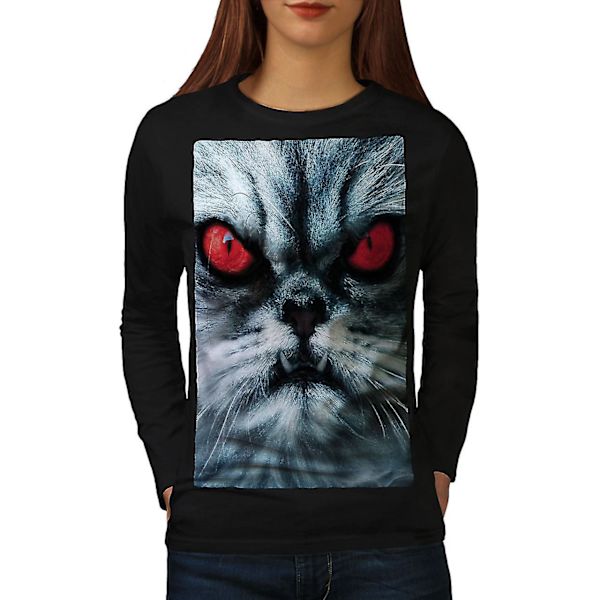 Evil Cat sött ansikte svart långärmad t-shirt för kvinnor M