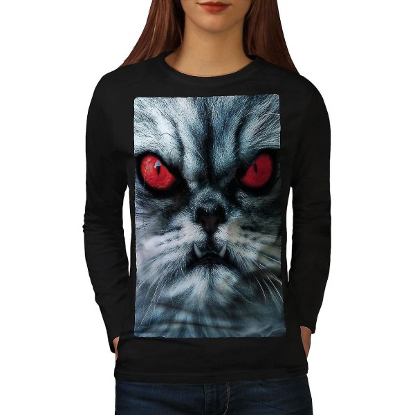 Evil Cat sött ansikte svart långärmad t-shirt för kvinnor S