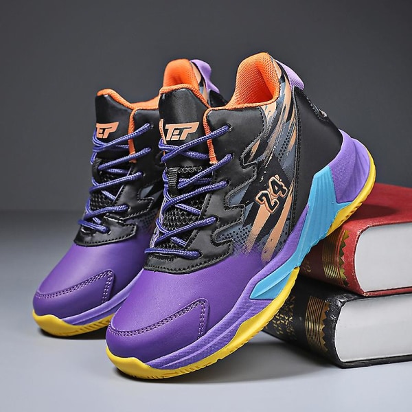 Basketskor för barn Mode Pojkar Flickor Sneakers Sportskor som andas 2L008 BlackPurple 39
