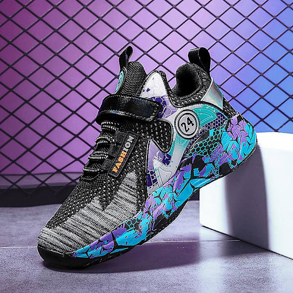 Basketskor för barn Mode Pojkar Flickor Sneakers Andas Sportskor 2202 BlackPurple 34