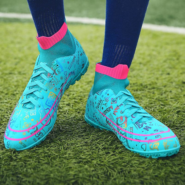 Fotbollsskor för män Fotbollsskor med hög ankel för vuxna Grästräning Sport Skor Sneakers 2J339 Cyan 42