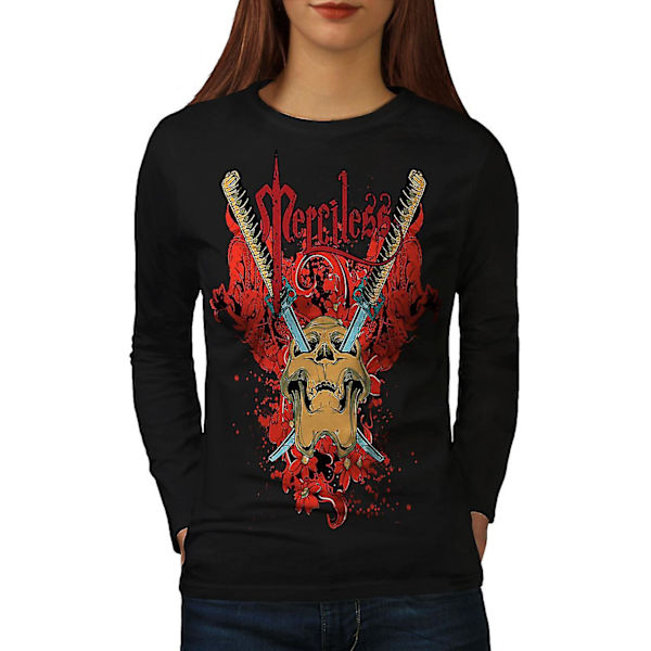 Nådeslös blomskalle svart långärmad t-shirt för kvinnor | Wellcoda XL