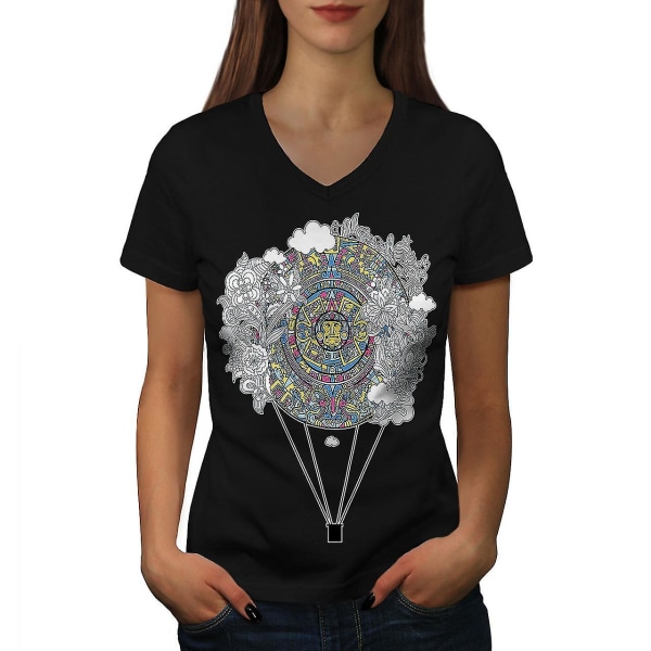 Aztec Ornament Vintage Women Blackv-neck T-shirt L