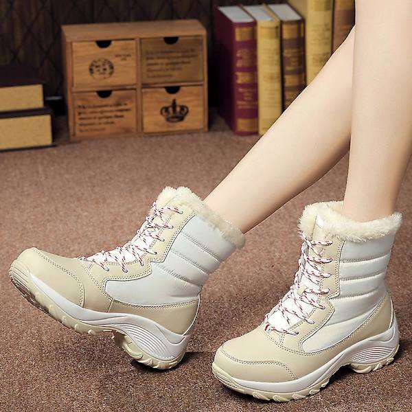 Dam Vinterstövlar Snow Boot Plysch Varma Skor Vattentät Boot 1617 Beige 41