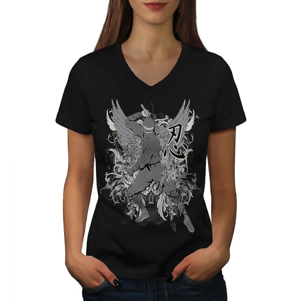 Ninja Wings Art Fantasy Women T-shirt med svart v-ringad hals XXL