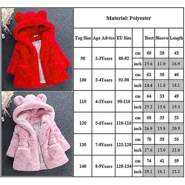 Barn Flickor Fluffig fuskpäls Hooded Parka Coat Fleece Tjock Jacka Vinter Ytterkläder Red 5-6 Years