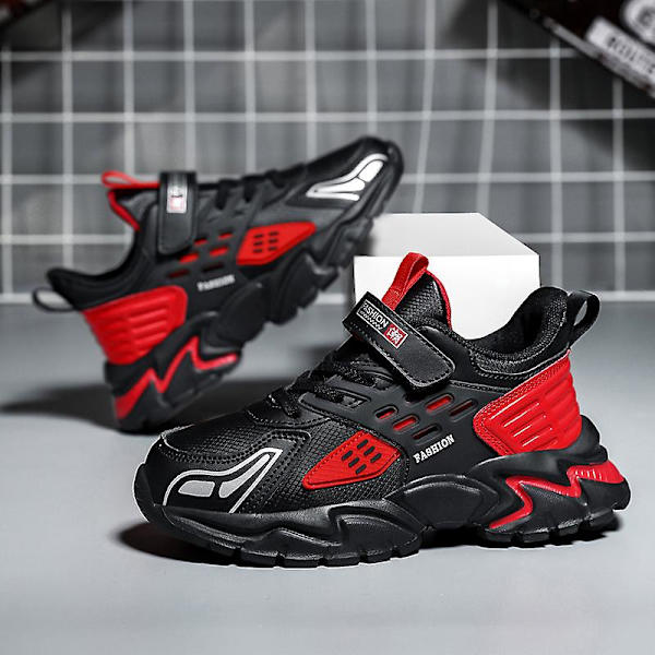 Barn Sneakers Andas löparskor Pojkar Flickor Mode Sportskor R2022 BlackRed 34
