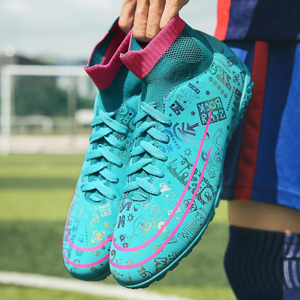 Fotbollsskor för män Fotbollsskor med hög ankel för vuxna Grästräning Sport Skor Sneakers 2J339 Cyan 39