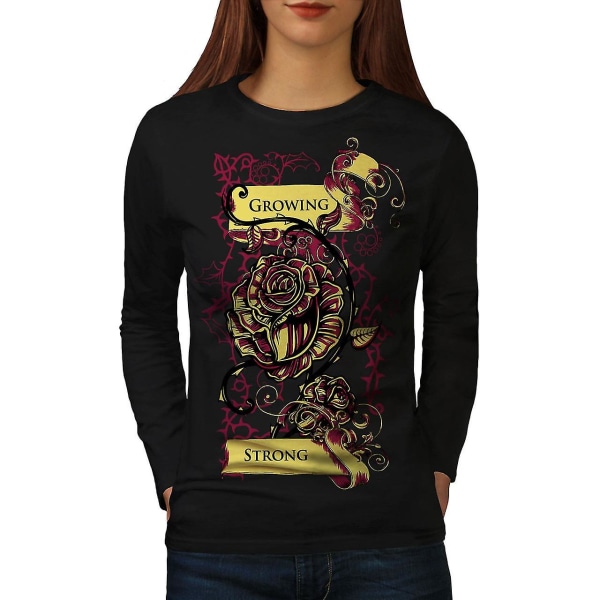 Growing Strong Slogan Svart Långärmad T-shirt för kvinnor S