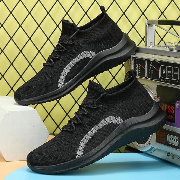 Sneakers för flugvävning för män Andas löparskor Mode sportskor 3A237 Black 36