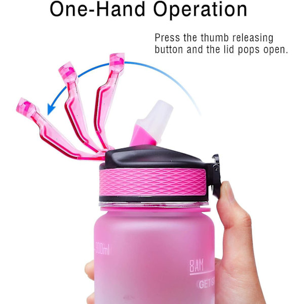 32oz läckagesäker Bpa-fri dricksvattenflaska med tidsmarkör och halm Ombre-Fuschia Green