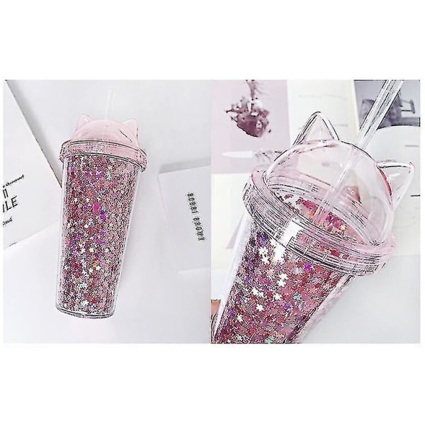 Ny Creative Plastic Bpa gratis vattenflaska med halm Flash Cat White