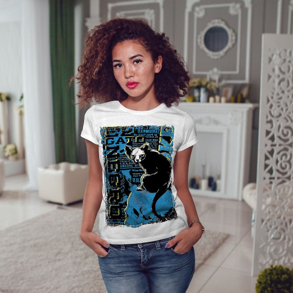 Gato Negro Creepy Cat Whitet-shirt för kvinnor M
