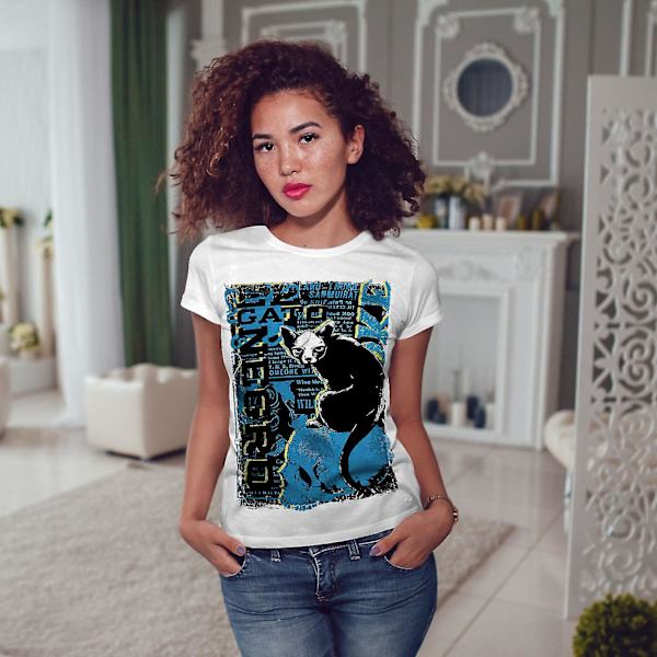 Gato Negro Creepy Cat Whitet-shirt för kvinnor M