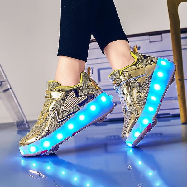 Barnsneakers Dubbelhjulsskor Led Light Shoes 118 Gold 36