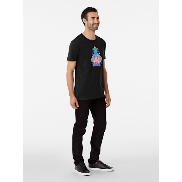 Söt och leende trädgårdsmästarflicka med kaktus och små växter kawaii Premium T-shirt Black L_Front