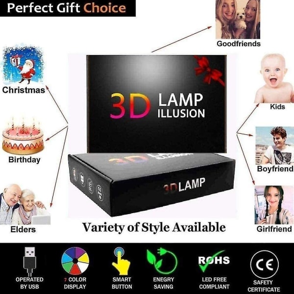 3D optiska illusionslampor 7 färger Touch Change Switch Nattljus Art Deco Skapa en romantisk atmosfär
