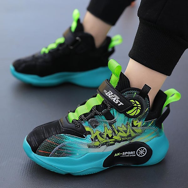 Barn Sneakers Andas löparskor Pojkar Flickor Mode Sportskor K1199 BlackGreen 34
