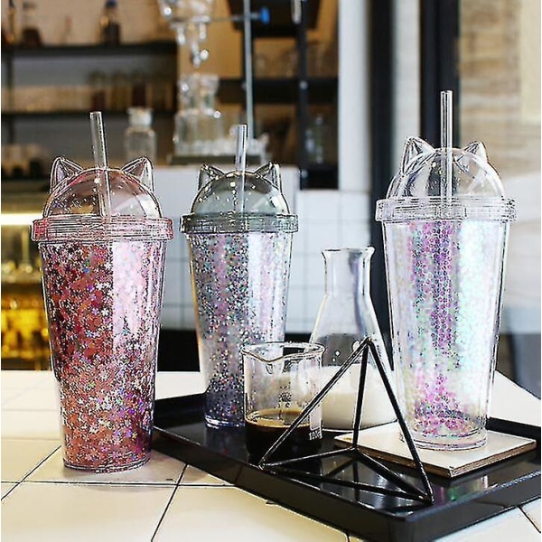 Ny Creative Plastic Bpa gratis vattenflaska med halm Flash Cat White
