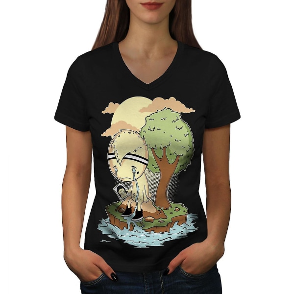 Lonely Sad Crying Women Blackv-neck T-shirt 3XL